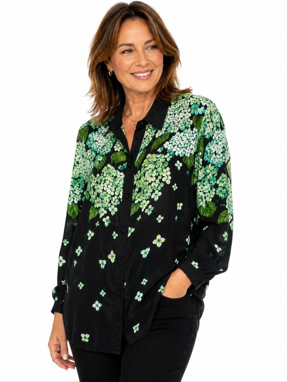 Vintage Bob Mackie Wearable Art Silk Beaded Floral Blouse XL Black Green